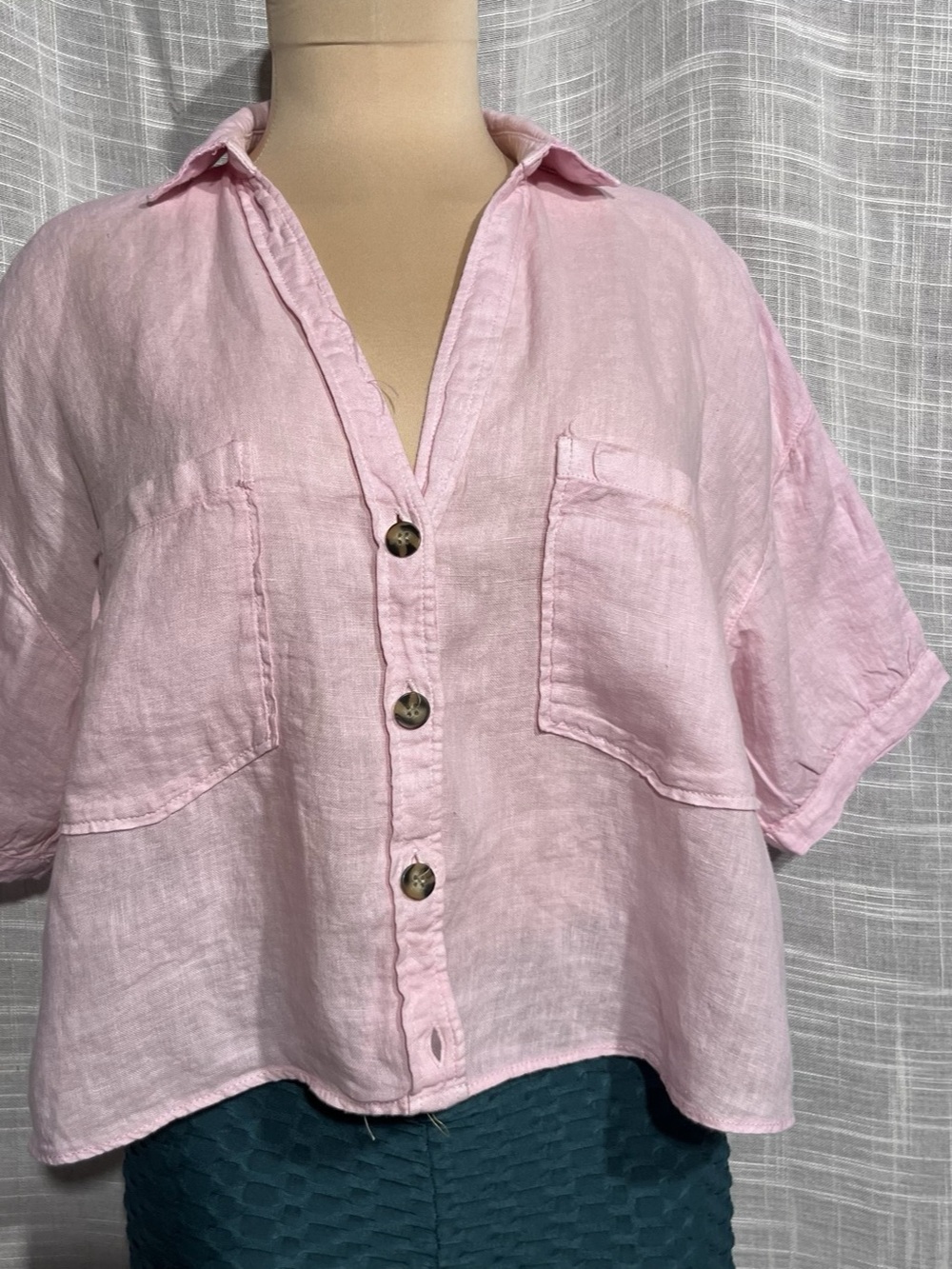 Zara Linen Short Sleeve Button Down Pink Size Medium